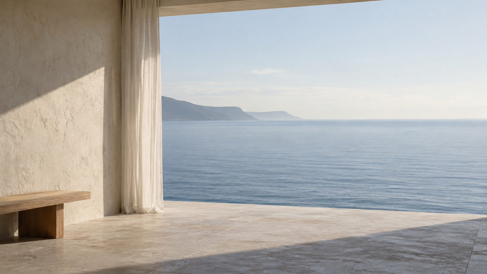 Original cinematic scene beside a quiet sea